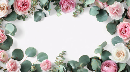 Flowers composition. Frame made of eucalyptus, ranunculus and pink roses on white background. Flat lay, top view, copy spaceの素材