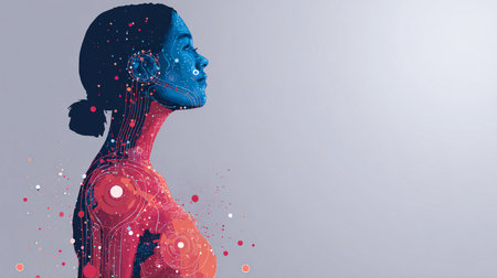 Digital composite of 3D female face with red and blue dots against grey backgroundの素材