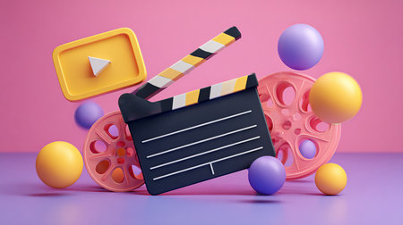 Cinema clapper board with 3d objects on pink backgroundの素材