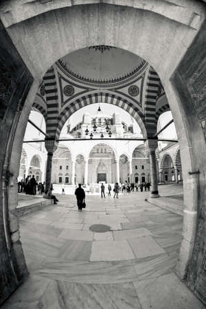 Inside the walls of a traditional Turkish Mosque, wide fisheye view vertical pictureのeditorial素材