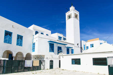 Traditional houses in Sidi Bou Said, Tunisia, city towerのeditorial素材