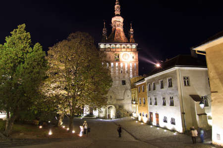 Night view of Sighisoara, Transylvania, Romaniaのeditorial素材