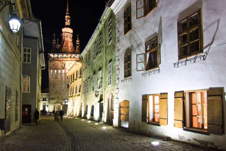 Sighisoara citadel and Clock Tower night viewのeditorial素材