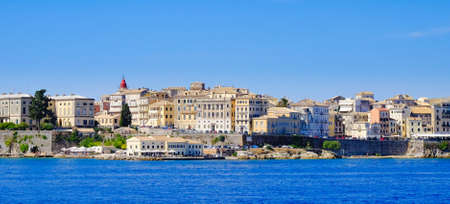 Panorama Corfu town from the sea. Old town buildings of Kerkyra islandの写真素材