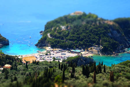 Paleokastritsa beach and bay view from above. Important tourist attraction in Corfu island. Tilt-shit effect applied.の写真素材