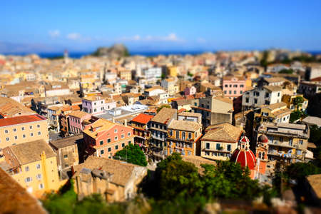 Corfu town panorama over the old city. Venetian fortress in background and old clock tower, city symbol.の写真素材