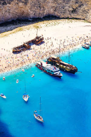 Zakynthos shipwreck beach. Navagio Bay seen from above. Important tourist attraction.の写真素材