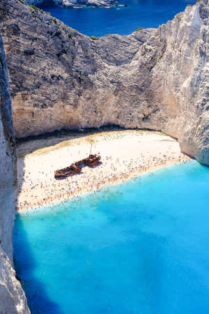Zakynthos shipwreck beach. Navagio Bay seen from above. Important tourist attraction.の写真素材
