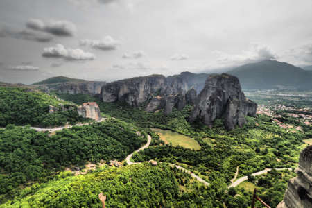 Meteora Greece artistic panoramic black and white view from the Grand Meteor Monasteryの写真素材