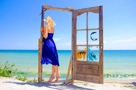 Woman relaxing near the sea in Vama Veche, Constanta, Romaniaの写真素材