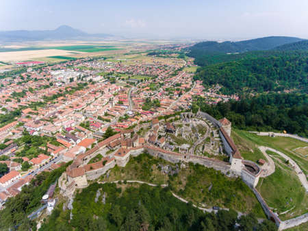 The Saxon fortress Rasnov near Brasov in Transylvania Romania. Aerial photo with a droneのeditorial素材