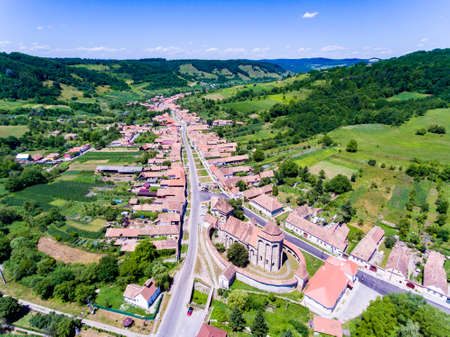 Aerial view of Valea Viilor fortified Saxon Church in Transylvaniaのeditorial素材