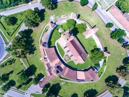 Top down view of Harman Catholic Church in the Saxon village Harman in Transylvaniaのeditorial素材