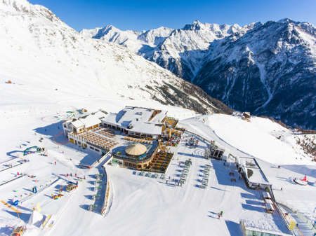 Ski slope restaurant aerial view in the Alpsの写真素材
