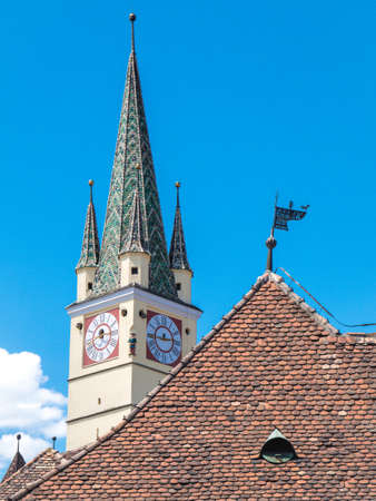 Medias old fortress clock tower in Transylvania Romaniaの写真素材