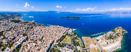 Corfu town from above. Old capital of the island Kerkyra, Greece, Europe. Mediteraneean architecture. Old fortress and cruise harbor visible.のeditorial素材