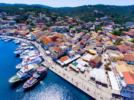 Gaios, capital city of Paxos Island near Corfu, aerial view. Important tourist attraction in the Ionian islands, Greece.のeditorial素材