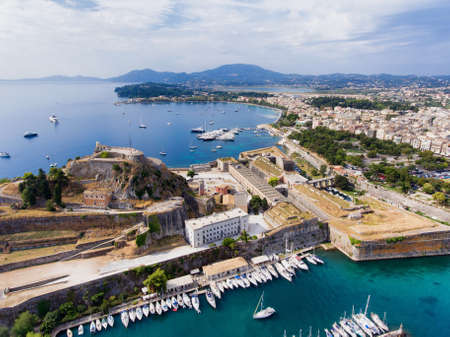 Corfu old fortress and the old town, aerial view. The old venetian fortress near the capital of Kerkyra Island.のeditorial素材