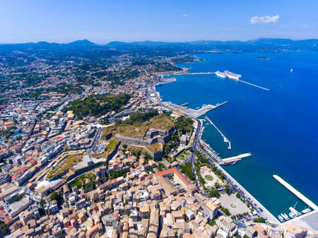 Corfu town from above. Old capital of the island Kerkyra, Greece, Europe. Mediteraneean architecture. Old fortress visible in the back.の写真素材