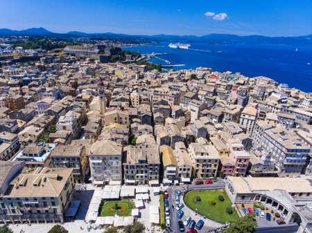 Corfu old town from above. The capital of the island Kerkyra, Greece, Europe. Mediteraneean architecture. Old fortress visible in the back.のeditorial素材
