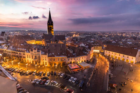 Sibiu, Transylvania, Romania central square at sunset.のeditorial素材