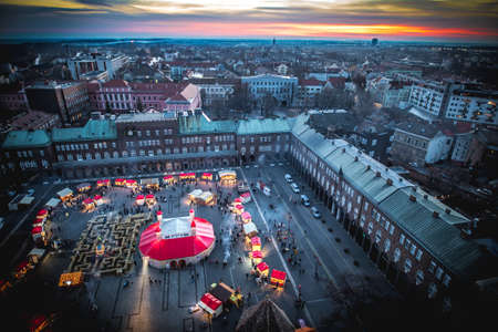 Szeged panorama at sunset, view from the Votive Church Clock Tower. Hungary, Europe.の写真素材