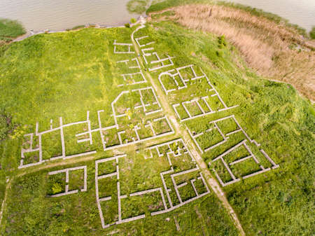 Aerial view of Histria old fortress in Dobrogea Constanta Romaniaの写真素材