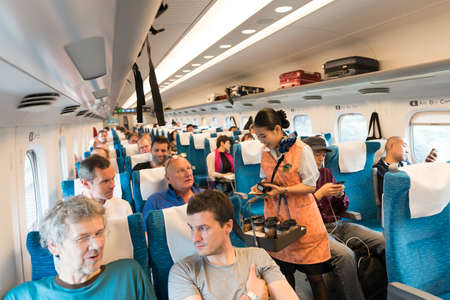 Tokyo, Japan, September 2017: Japanese Shinkansen train interior that connects Tokyo to Nagasaki, Osaka and Kyoto in Japanのeditorial素材