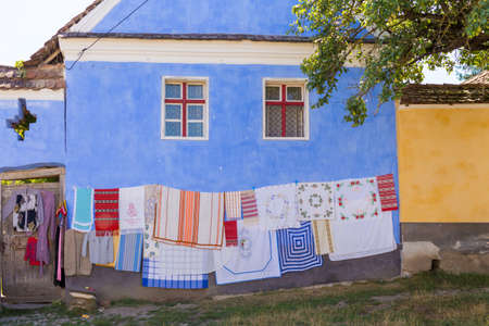 Viscri, Romania, August 2017: Traditional Saxon embroidery fancywork made by the German Saxons in Transylvaniaのeditorial素材