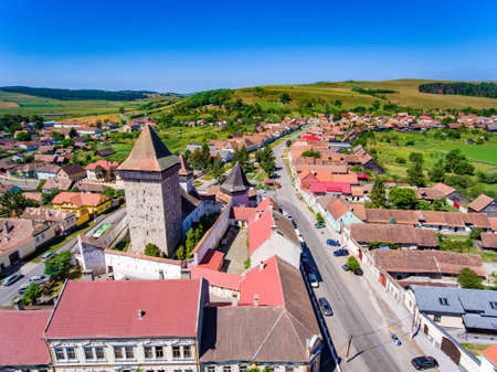 Homorod Fortified Church build by the German Saxons in Transylvania. Aerial view