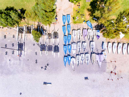 Boats on the beach in Vasiliki Lefkada Greeceの写真素材
