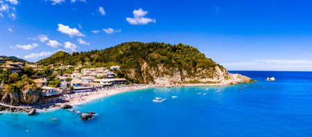 Agios Nikitas beach in Lefkada panoramic view from the sea in the summerの写真素材