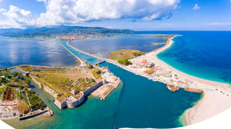 Panoramic view over Lefkada Island and harbour entrance at the rotating floating bridgeの写真素材