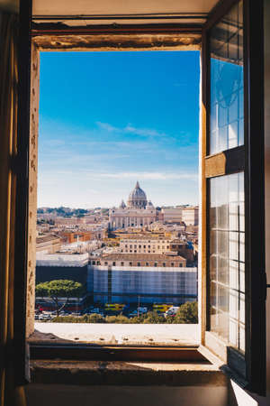 View of Rome and Vatican City from a window of Castel Sant`Angelo, Italyの写真素材