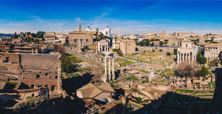 Panorama of the Roman Forum (Foro Romano) and Roman ruins as seen from the Palatine Hill, Roma, Italyのeditorial素材
