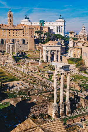 The Roman Forum (Foro Romano) and Roman ruins as seen from the Palatine Hill, Roma, Italyの写真素材