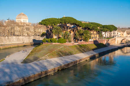 Tiberina Island (Isola Tiberina) on the river Tiber in Rome, Italyの写真素材