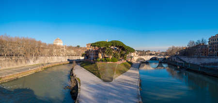 Tiberina Island (Isola Tiberina) on the river Tiber in Rome, Italyの写真素材