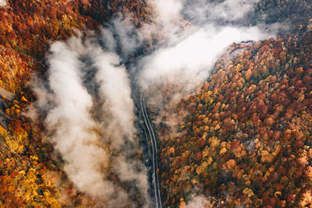 Foggy morning on the road aerial viewの写真素材
