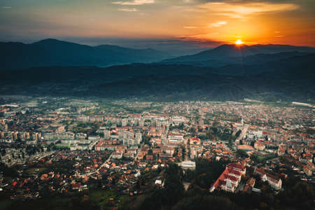 Petrosani city sunset in Hunedoara, Transylvania, Romaniaの写真素材
