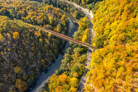 Jiului Valley (Valea Jiului) Canyon panorama with mountain road trough the forest aerial viewの写真素材