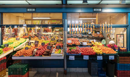 Budapest, Hungary - December 2017: Vegetables store in the Central Market of Budapestのeditorial素材