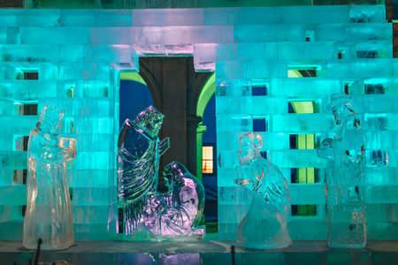 Graz, Austria - December 2017: Graz ice nativity scene in the Landhaus courtyard by nightのeditorial素材