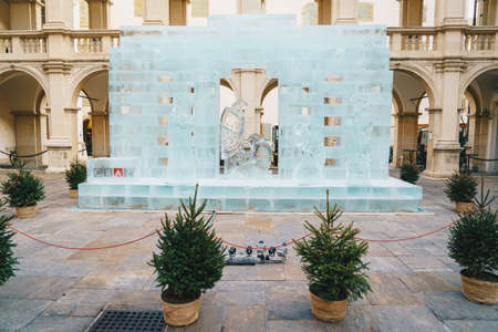 Graz, Austria - December 2017: Graz ice nativity scene in the Landhaus courtyard