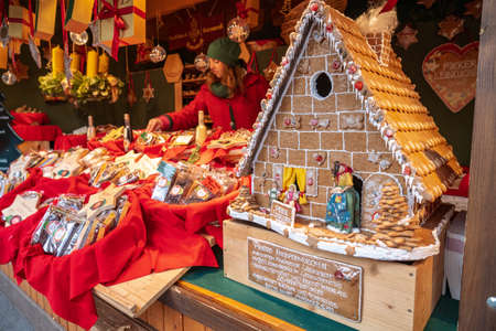 Vienna, Austria - December 2017: ginger bread house in a traditional christmas market shop in central Viennaのeditorial素材