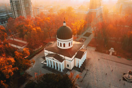 Chisinau Metropolitan Cathedral in Central Park,  Moldova Republic. Aerial view. Artistic tonningの写真素材