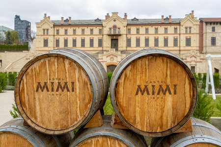 Anenii Noi, Moldova - November 2018: Castel Mimi Winery with wine barels in front of the castle