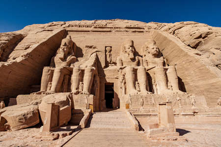 Tourists at Abu Simbel Temple in ancient egypt Abu Simbel town near Aswan