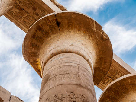 Detail of one of the great columns in the Hypostyle hall in Karnak Templeの写真素材