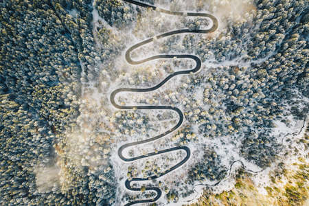 Transalpina extreme road in winter time aerial viewの写真素材